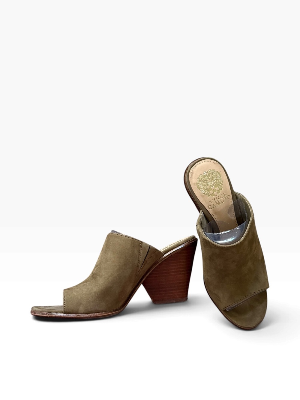 Vince Camuto Olive Suede Open-Toe Stacked Heel Mules
